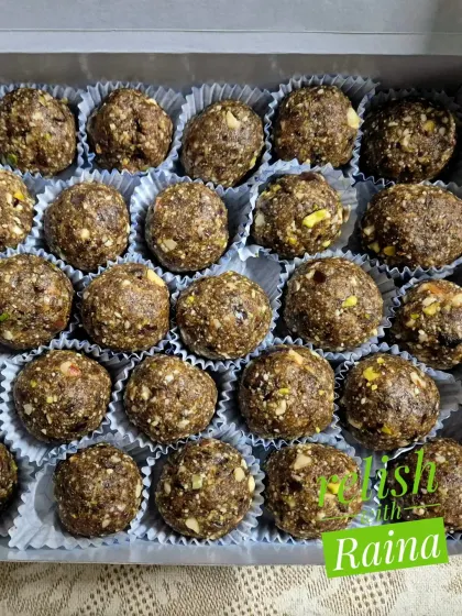 A close-up of the coarsely ground Dry Fruit Laddoos. You can see the finer texture which still retains the crunch and flavor of roasted nuts.