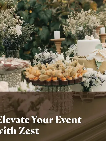 A graphic showcasing an elegant dessert table with a wedding cake.
