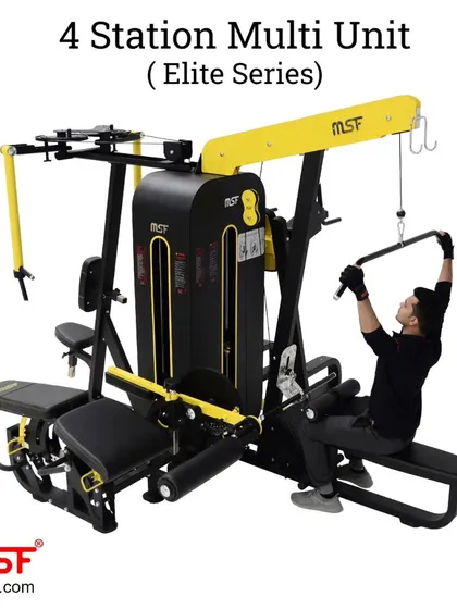 A user performs a lat pulldown on the 4-Station Multi-Unit.