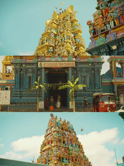 A collage showcasing the stunning, colorful details of a Hindu temple's architecture in Colombo.