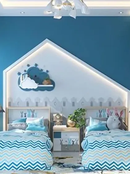 A shared kids' bedroom with a blue and white color scheme. The custom headboard is shaped like a house and features integrated backlighting, creating a cozy and imaginative space.