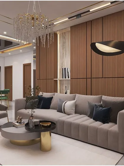 A duplicate of the warm, wood-paneled living room concept.