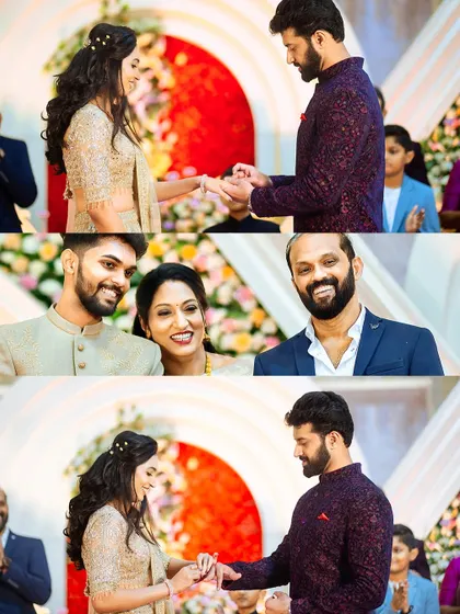 The ring exchange, a pivotal moment in any engagement, captured with a focus on the couple's expressions.