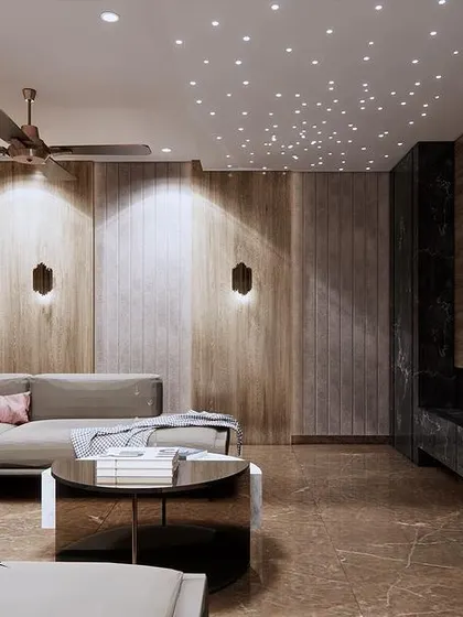 This angle shows the comfortable seating arrangement in the home theatre, with a large sectional sofa perfect for the whole family. The wood-paneled walls add warmth and improve acoustics.