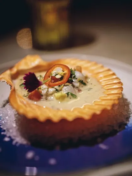 Another angle of our signature seafood appetizer, highlighting its intricate presentation.
