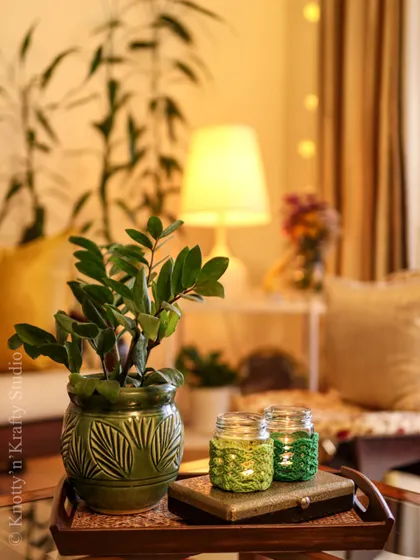 The golden hour in autumn hits a little different. These green crochet jar covers catch the light beautifully.