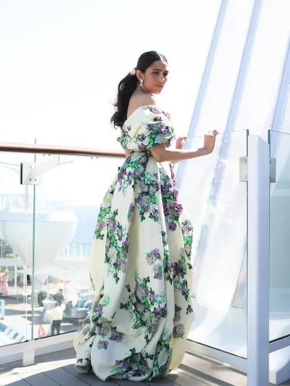 The Yara Shoemaker floral gown in all its glory. The voluminous skirt and off-shoulder design create a beautiful, feminine silhouette.