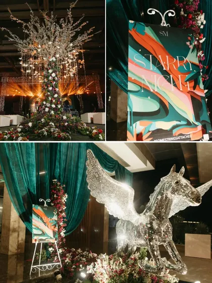 For this reception, we brought a 'Starry Night' theme to life. The entrance featured a custom-designed welcome sign, a magnificent crystal Pegasus statue, and a wishing tree, setting a magical and glamorous tone for the evening.