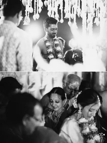 A black and white diptych capturing the solemn and intimate moments of the wedding ceremony.