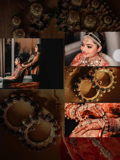 A collage capturing the "getting ready" process. From the makeup artist's final touches to the details of her bangles, this tells the story of her transformation into a bride.