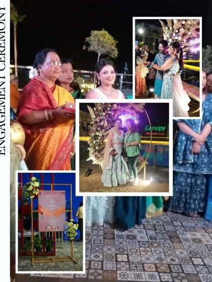 A collage capturing the happy moments from an engagement ceremony. It shows the couple, the guests, and the elegant decor details like the welcome sign and floral arrangements.