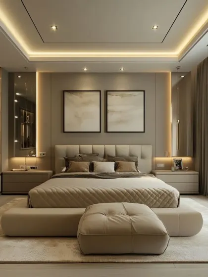 Symmetry and soft lighting define this elegant master bedroom. We used recessed ceiling lights and mirrored panels to enhance the sense of space, while the tufted headboard and matching ottoman add a layer of plush comfort.