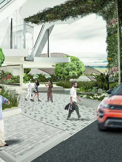 The landscape design for CIAL features a large green wall that imitates the 'Nettipattam' of Kerala's temple elephants. This biophilic design element, inspired by local culture, creates a strong sense of place.