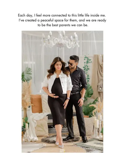 A stylish couple portrait in our boho set. The black dress and white jacket combo creates a chic, modern look for this maternity session.