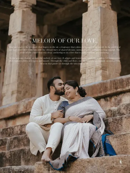A tender moment on the steps of a temple, with the groom kissing the bride's head. These quiet, affectionate moments are just as important as the main rituals.