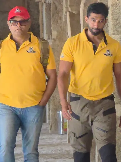 Walking through the temple corridors with Dayananda sir, who shared fascinating details about the history of Lepakshi during our tour.