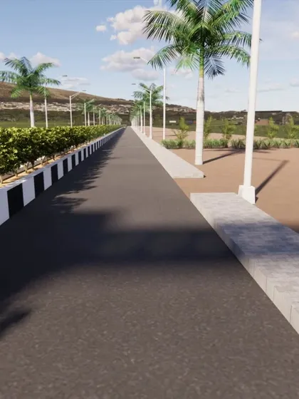 A street-level visualization for a layout development project. We use these renders to show clients how elements like palm trees, roadside hedges, and pavement will look upon completion.