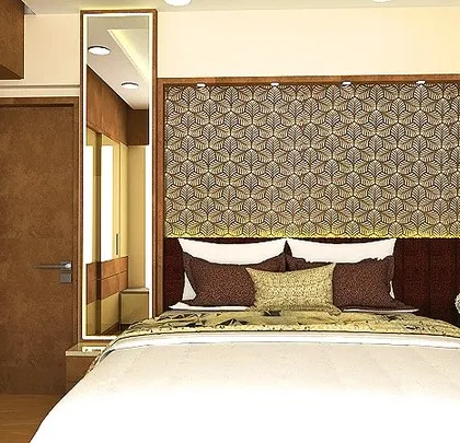 A close-up of the bed and dresser area in the proposed design. The full-length mirror next to the bed is a practical addition that also helps to make the room feel more spacious.