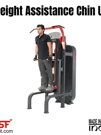 A user stands on the platform of the Weight Assistance Chin-Up machine, ready to begin their set.