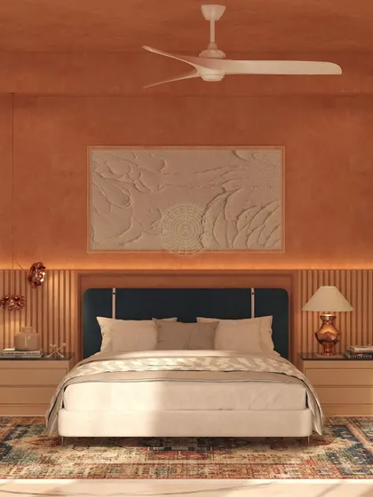 Render for a grandparents' bedroom with a sunset-inspired orange textured wall. A deep teal headboard provides a striking contrast, creating a warm and inviting space.