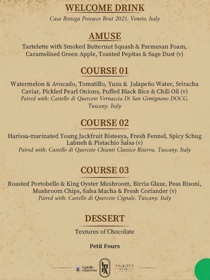 The vegetarian menu for our wine dinner, with thoughtful pairings like Watermelon Aguachile with Vernaccia and Jackfruit Bisteeya with Chianti Classico.
