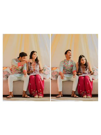 Candid laughter and conversation during a relaxed moment in the Rajasthan pre-wedding shoot.