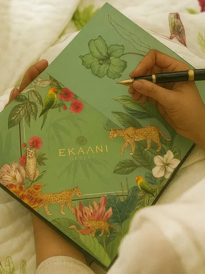 The simple act of writing a note becomes an elegant experience with stationery from the Tales of Tropic collection. The cover features a vibrant design of leopards, birds, and flowers, inviting you into a world of lush romance.