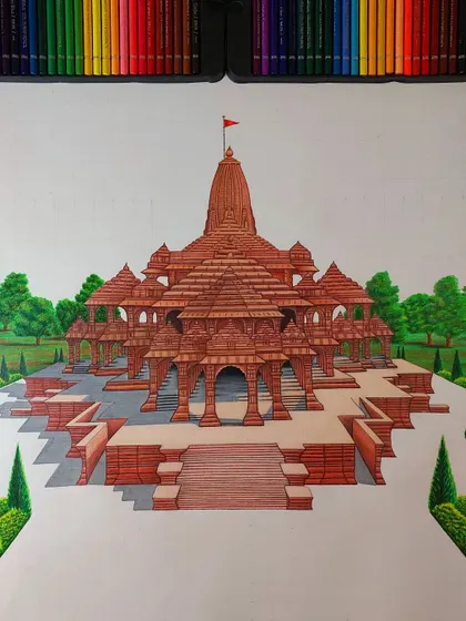 The Ram Mandir drawing with the temple structure complete, before I started the background. You can see the architectural details I focused on.