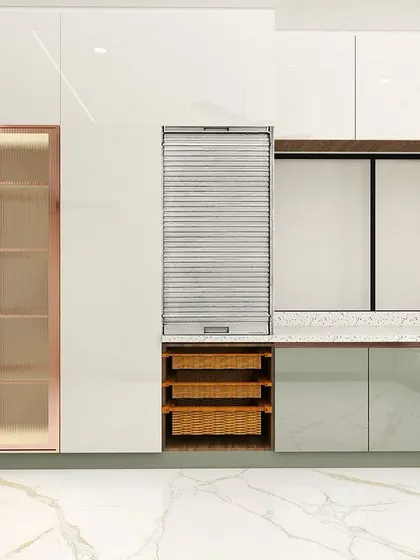 A 3D visualization of a kitchen with practical storage solutions, including glass-front cabinets, a rolling shutter for appliances, and pull-out wicker baskets.