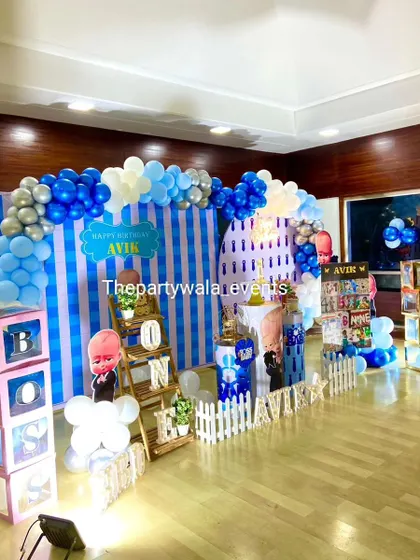 A large-scale Boss Baby party with multiple backdrops and decoration zones. This shows how I can decorate a bigger venue with a consistent theme throughout.