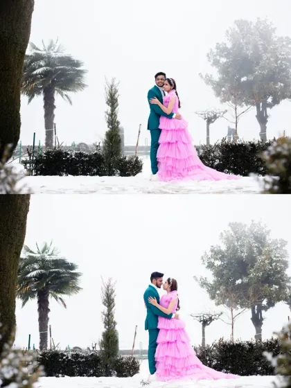 A dramatic pre-wedding portrait of Nikul and Sejal in Kashmir. The contrast between her vibrant pink tulle gown and the stark white snow creates a visually stunning and high-fashion image.
