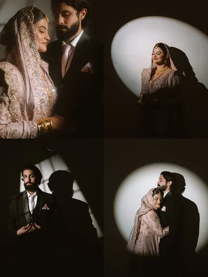 A collection of artistic portraits of the couple using a single spotlight. This technique creates a dramatic, old-Hollywood feel, highlighting their faces and emotions in the darkness.