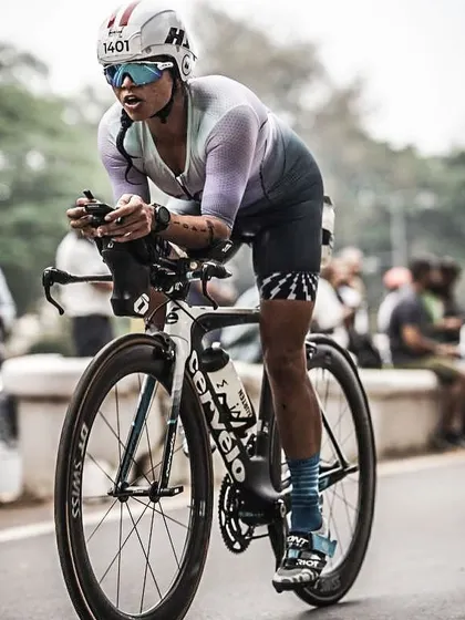 A close-up shot of me on the bike during Ironman Goa. The focus required to maintain pace and power for 90km is immense.