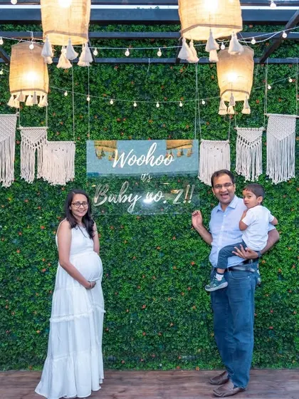A happy family portrait at a chic, modern baby shower. We capture the excitement of parents-to-be and their loved ones as they celebrate the upcoming arrival.