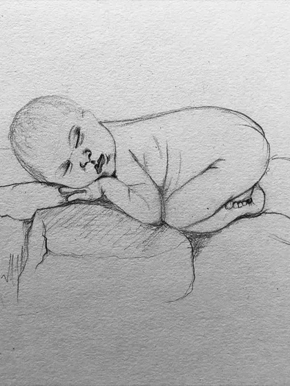 The first sketch for my piece "Natural State." Just a simple pencil drawing of a sleeping baby on a stone slab, capturing the pose and vulnerability before the surreal elements are added.