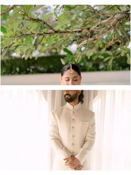 An artistic diptych of the bride and groom in separate, contemplative portraits, creating a sense of anticipation before they meet.