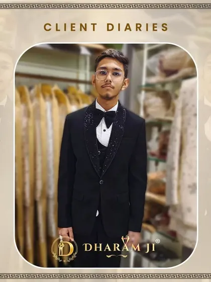 A young client looking dapper in his first three-piece tuxedo. The sparkling lapels add a fun, celebratory touch.