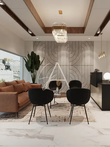 A wider perspective of the CA Office waiting area, showing the relationship between the reception desk, the seating area, and the expansive view outside.