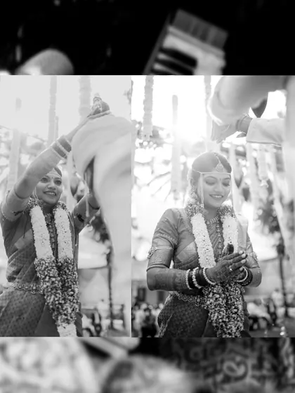 A black and white diptych capturing the bride's happy and emotional expressions during the ceremony.