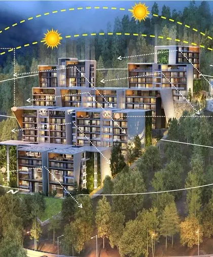 An analytical diagram of our valley residential project. It illustrates how the building's orientation follows the sun's path and how the form is inspired by mountain profiles, incorporating sustainable design principles for mountain architecture.