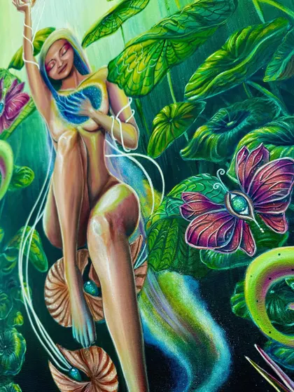 This view highlights the vibrant colors and the feeling of serenity in the figure's expression, central to the painting's message of self-love.