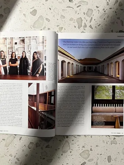 A spread from Livingetc India magazine featuring our partners and our work. The article discusses our journeys in architecture and the experience of leading an empowered, women-led practice.