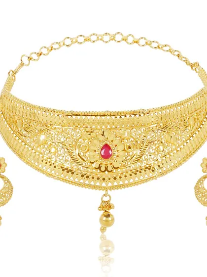 The complete gold choker and earring set on a white background, providing a full and clear view for a product listing.
