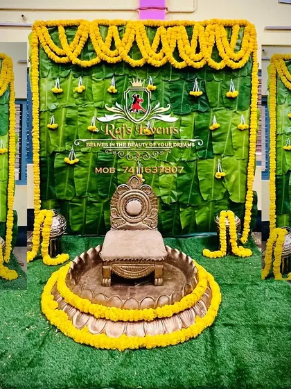 The centerpiece of a puberty ceremony is the seating for the guest of honor. We created this traditional setup with a banana leaf and marigold backdrop, complete with an ornate throne, to make her feel like royalty on her special day.