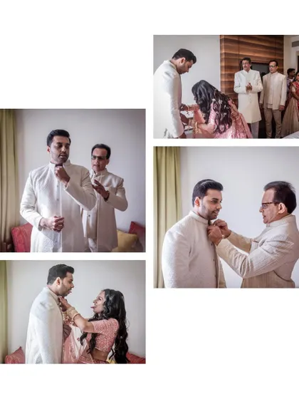 A collage of the groom getting ready with his family. These images capture the helping hands and happy faces that are part of his wedding morning.