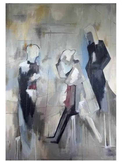 A figurative abstract painting created for a client's specific interior space. The piece is intentionally thought-provoking, with ambiguous forms that encourage viewers to find their own meaning in the scene.