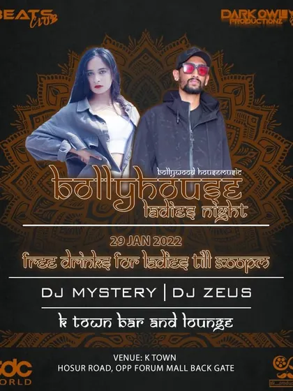 Flyer for a "Bollyhouse" ladies' night where I collaborated with another DJ. I often team up with other artists to create a unique sound.