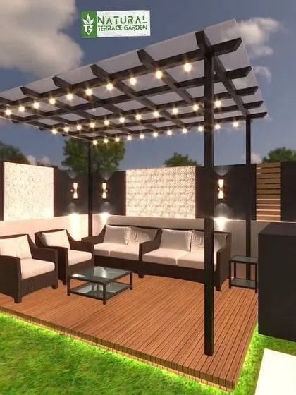 A 3D concept for a cozy pergola with string lights. The design includes comfortable seating and is set on a wooden deck, creating a perfect spot for evening relaxation.