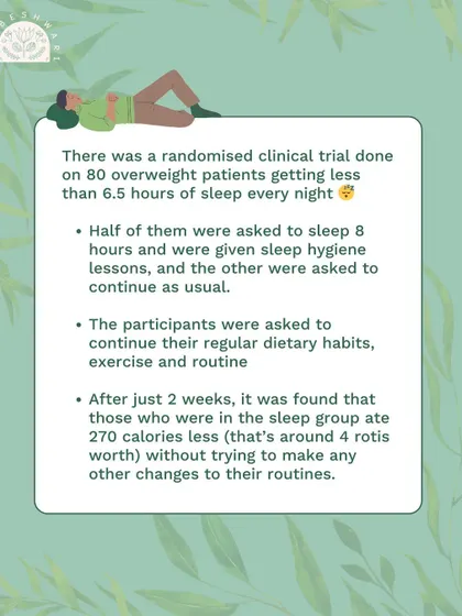 An infographic series explaining how sleeping 8 hours a night can help you lose weight without any other changes. I also share practical sleep hygiene tips, like applying ghee to your feet and avoiding screens before bed.