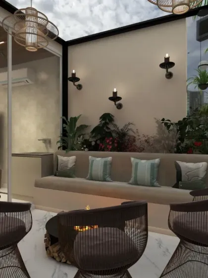 This rustic-modern bar design features a cozy outdoor seating area with a fire pit, seamlessly connected to the indoor bar through a glass partition.